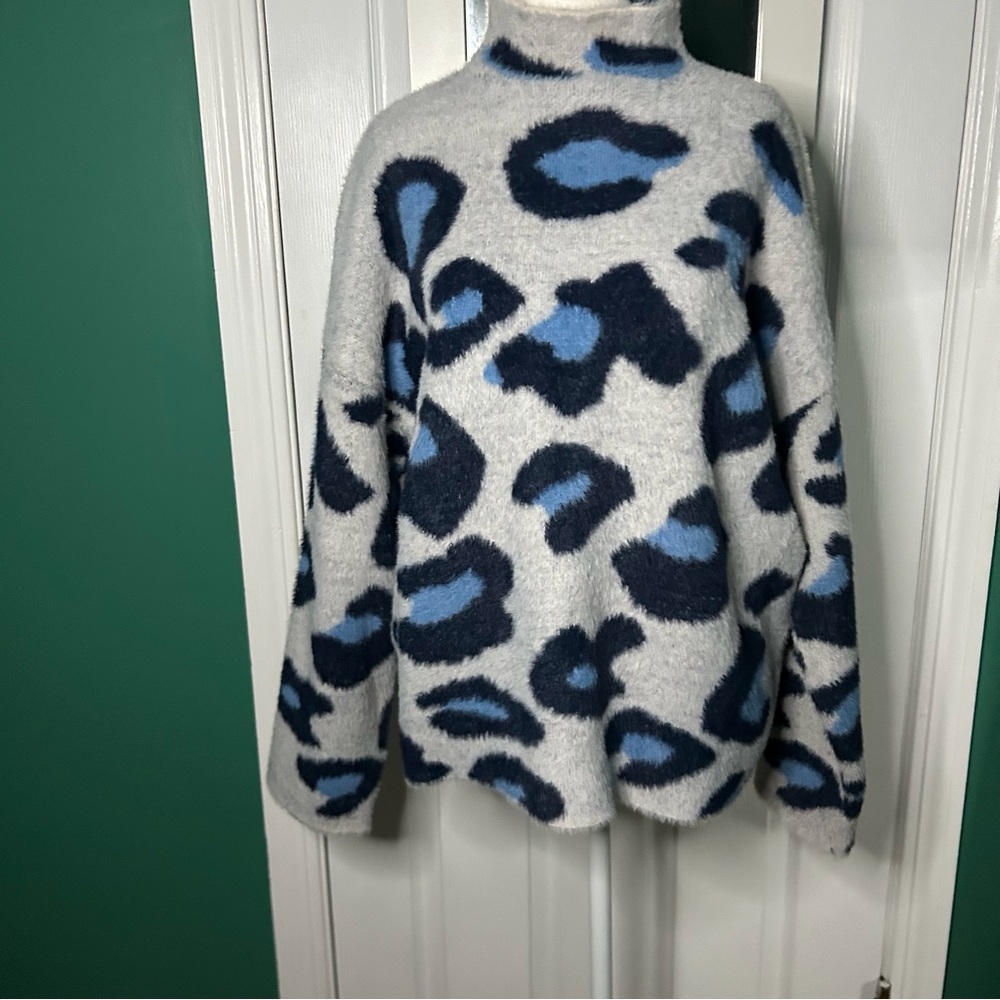 Blue Leopard Cozy Sweater by Elena Wang L NWT